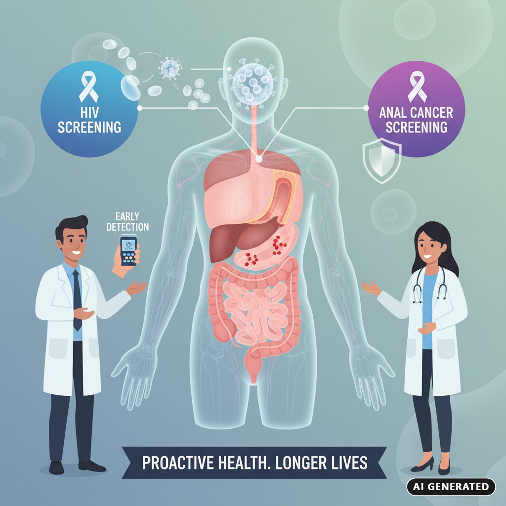 Infographic illustrating HIV and anal cancer screening with a transparent human body, internal organs, and two doctors. (AI-generated)